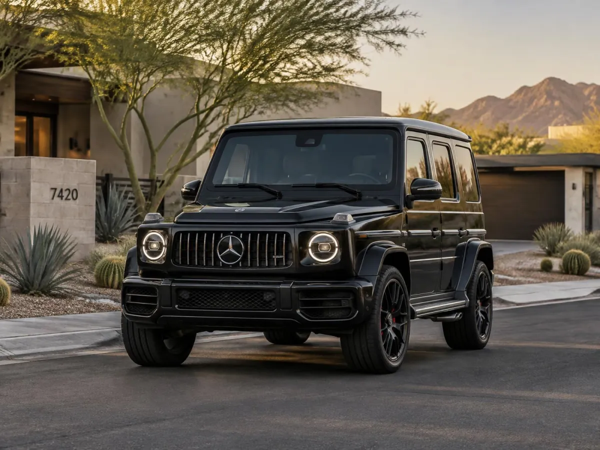 Black Mercedes-AMG G-Class parked outside a modern desert home in a quiet Chandler neighborhood at golden hour