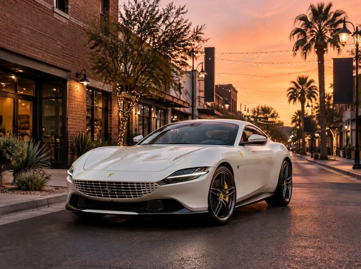 Pearl white Ferrari parked on a downtown Gilbert street lined with brick storefronts, palms and string lights at sunset